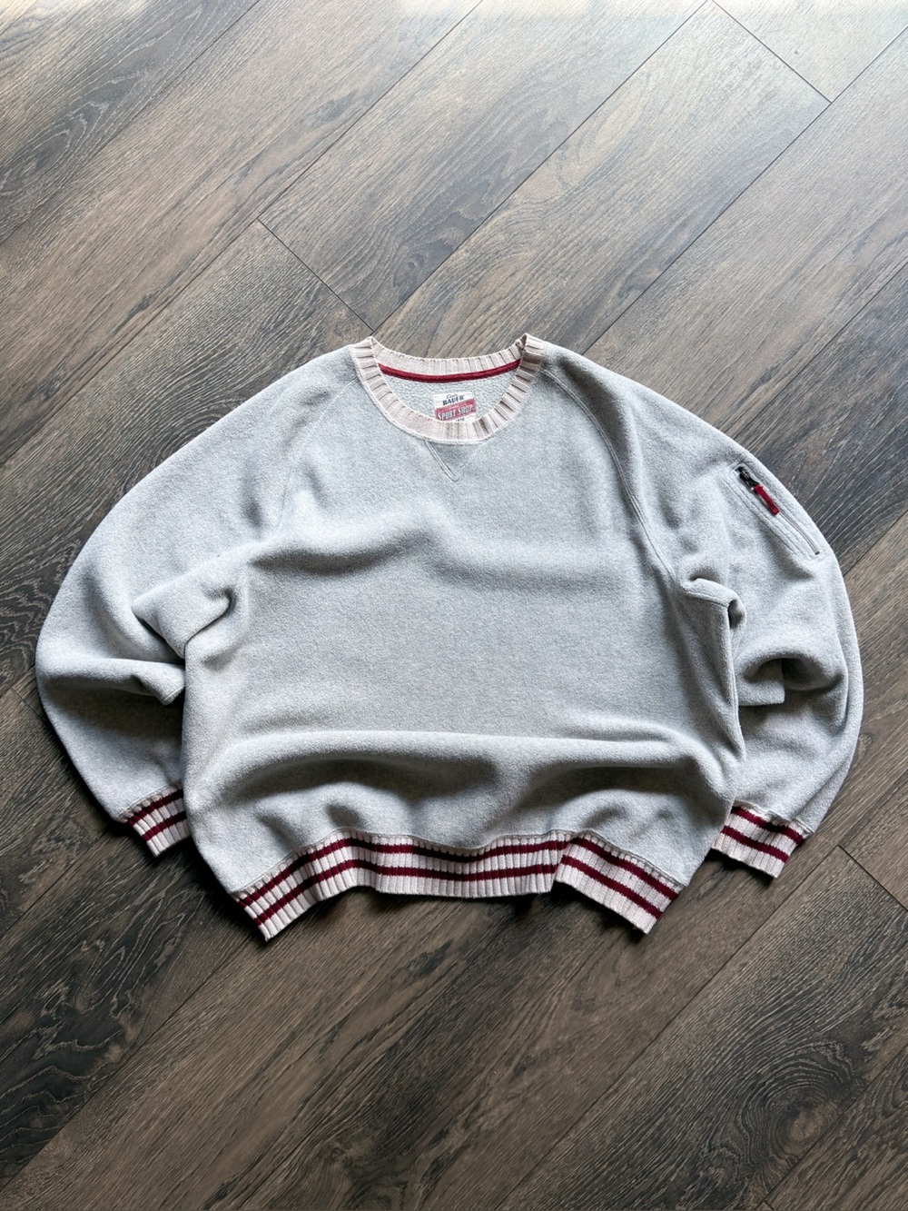 Eddie Bauer Men’s XL Fleece Sweatshirt Gray Striped Ribbed Zip Pocket Vintage